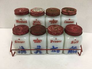 8 Vintage Mckee Milk Glass Dutch Spice Jars W Metal Rack Red Lids