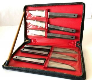 Vintage Mid Century 6 Eames Era Vernco Steak Knives With Wood Handles & Case