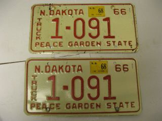 1966 66 1967 67 North Dakota Nd License Plate 1 - 091 Pair Truck