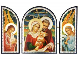 Christmas Holy Family Icon Triptych With Angels 4 3/4 Inch Gift