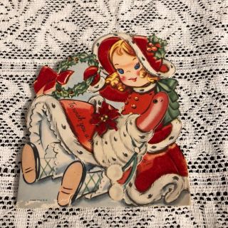Vintage Greeting Card Christmas Cute Girl Mechanical Arm Fur Muff