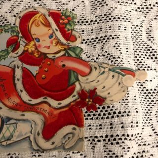 Vintage Greeting Card Christmas Cute Girl Mechanical Arm Fur Muff 2