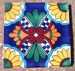 10 Talavera Mexican Pottery Tile 4 " Classic Geometric Border Liner Floral Blue