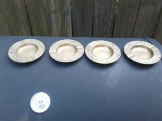Vintage Set Of 4 Solid Brass Ashtrays Etched Peacock Design Around Edges