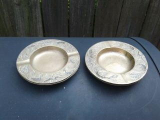 Vintage Set of 4 Solid Brass Ashtrays Etched Peacock Design Around Edges 3