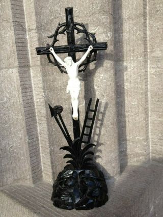 Antique Standing Ornamental Black Forest Carved Wood Cross Crucifix Bisque Jesus