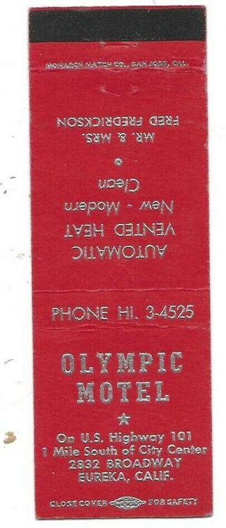 Olympic Motel,  U.  S.  101,  Eureka Ca Matchcover Humboldt 040419