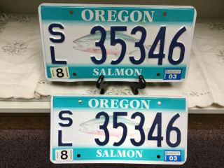Authentic Oregon Salmon License Plate Set Sl No.  35346 Tagged 2003 Dmv