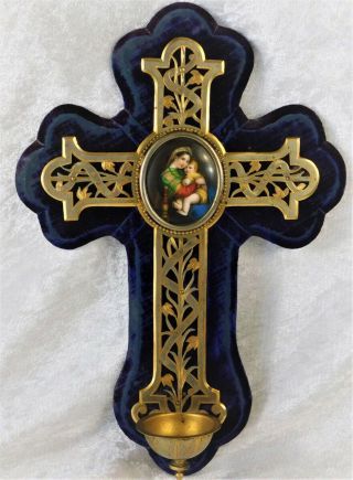 Atq French Porcelain Miniature Portrait Virgin Mary Holy Water Crucifix Cross