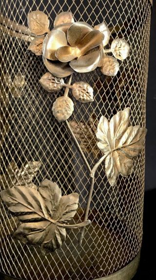 Vintage Ornate Gold Tone Mesh Metal Trash Can Wastebasket Holder Covering Roses 4