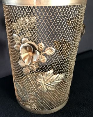 Vintage Ornate Gold Tone Mesh Metal Trash Can Wastebasket Holder Covering Roses 5