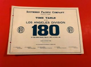 Southern Pacific Co.  Sp Pac.  Lines Los Angeles Div.  Empl.  Time Table 180 1941