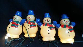 4 Mid Century Christmas Decorations Hard Plastic Snowmen 8 Ins Lit With Stakes