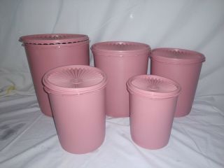 Vintage Set Of 5 Tupperware Servalier Dusty Rose Pink Canisters With Lids