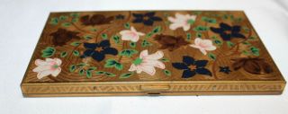 Vintage Volupte,  Usa Brass And Enamel Wild Flowers Cigarette Case Compact