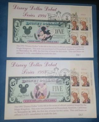Disney Dollars Debut Series 1991 Matching First Day Stamp Card $1 & $5 Both 061