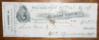 1894 Minco Indian Territory Bank Check Je Bonebrake Hardware Implements B Grade