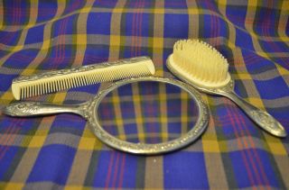 Vintage Ornate Silverplate Vanity Dresser Set - Mirror,  Brush & Comb