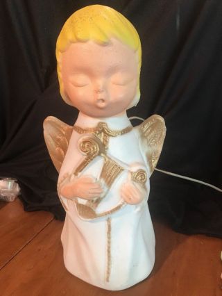 Vntg 14” Lawn Christmas Angel Playing - Harp Lighted Hard Plastic Blow Mold -