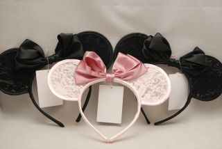 Tokyo Disney Resort Minnie Mouse Lace Headband Ears Black & Pink 3 Items Set F/s