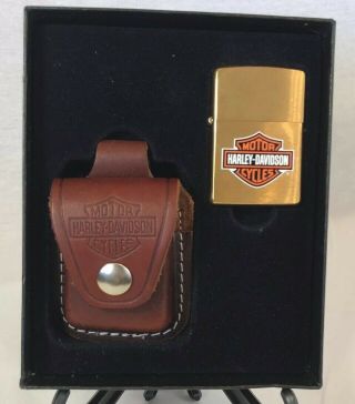 Harley Davidson Brass Zippo Lighter With Leather Case