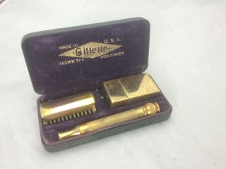 Vintage Gillette Gold Razor With Case 5 Blades Carry Case Usa