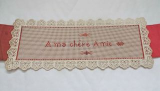 Antique Victorian Bookmark A Ma Chère Amie Punched Card Cross Stitch