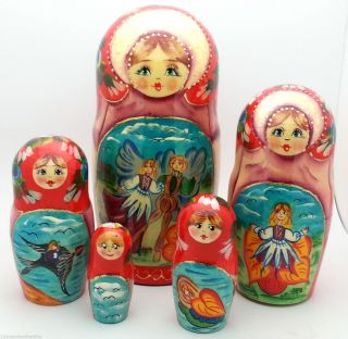 Thumbelina Russian Nesting Doll Fairy Tale Story Set Wood Hand Painted