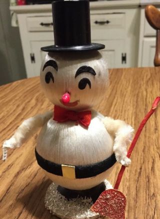 Vintage Snowman Figure Satin Ball Pipe Cleaner Top Hat Broom Cute Bow Tie Japan