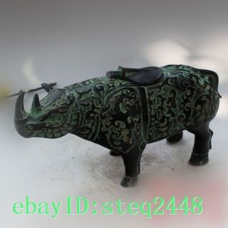 Old Chinese Dynasty Bronze Animal Rhinoceros Statue Incense Burner Censer