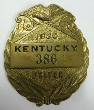 Vintage 1930 State Of Kentucky Chauffeur Badge No.  386 Driver License Pin Ky