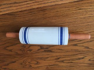Blue Striped 8” Stoneware Rolling Pin.  No Words Or Advertising.