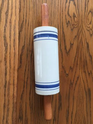 Blue Striped 8” Stoneware Rolling Pin.  No Words Or Advertising. 2