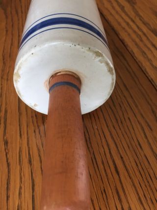 Blue Striped 8” Stoneware Rolling Pin.  No Words Or Advertising. 4