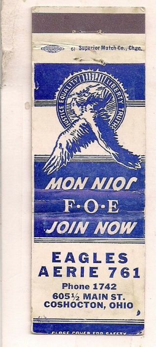 Fraternal Order Of Eagles Aerie 761,  Coshocton Oh Matchcover 021518