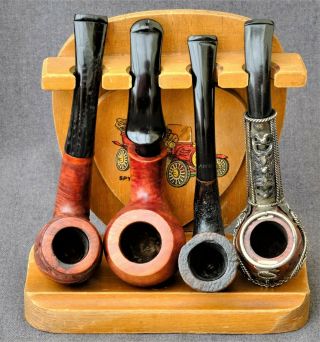 Wood Stand & 4 Briar Estate Pipes 2 Named & 2 Un - Named,