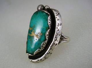 Old Navajo Stamped Sterling Silver & Royston Turquoise Ring Sz 7.  5