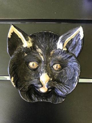 Vintage Cast Metal Black Cat Face Spoon Rest Ashtray