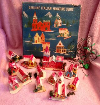 Vintage Italian Miniature Cardboard Lighted Houses Christmas Display Ornaments