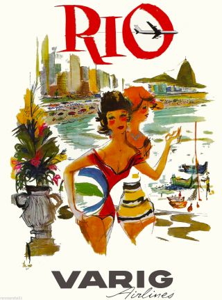 Rio De Janeiro Brazil Varig3 South America Vintage Travel Poster Advertisement