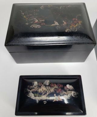 Vintage Black Lacquer Ware Nesting Box Hand - Painted Art 2