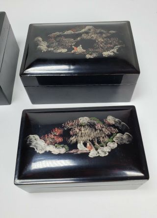 Vintage Black Lacquer Ware Nesting Box Hand - Painted Art 3