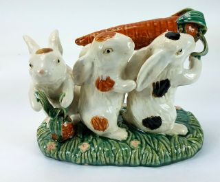 Vintage Ceramic Porcelain Bunny Rabbits Easter Trio Holding Carrot Firgurine