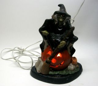 Vintage Atlantic Mold Hand Painted Lighted Ceramic Witch On A Pumpkin