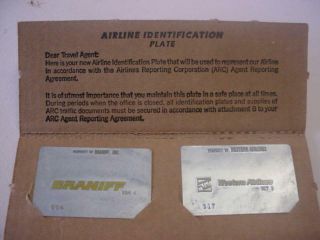 Vintage Airline Travel Ticket Charge Plates Braniff & Western Airlines