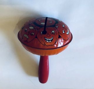 Vintage T.  Cohn Tin Litho Halloween Rattle Noisemaker Pumpkin Jack - O - Lanterns