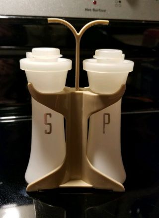 Vintage Tupperware Salt And Pepper Shakers 4.  5 " Hourglass Set White Gold & Stand