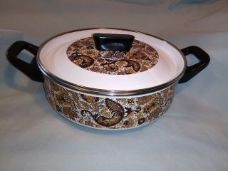 Vintage Fancipans Brown Paisley Porcelain Enamel Sauce Pot Pan With Lid Euc