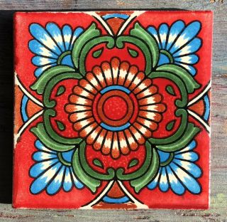 10 Talavera Mexican Pottery 4 " Tile Classic Sunflower Red Aqua Brown Rust Green