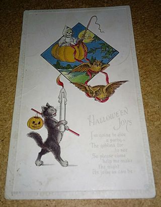 Antique Posted 1912 Halloween Postcard Party Invite Black Cat Skeleton Pumpkin